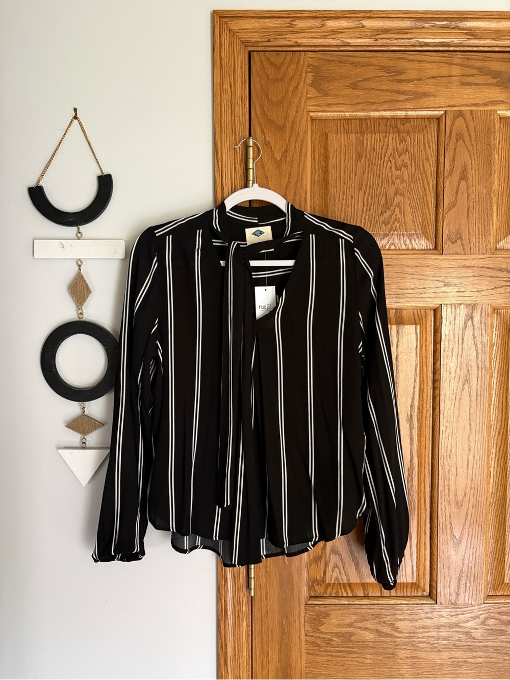 Black and White Striped Tie-Neck Blouse - Women